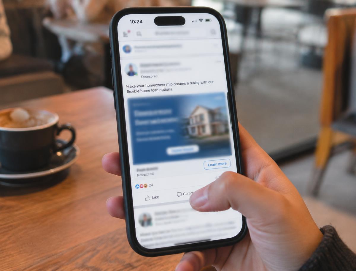 Person scrolling a social feed on their phone showing a sponsored home loan ad